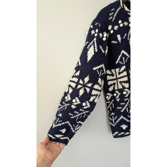 Vintage Jennifer Reed Hand Knit Sweater Sz 4 Pom Pom Cottage Cabin Navy White - Picture 2 of 8